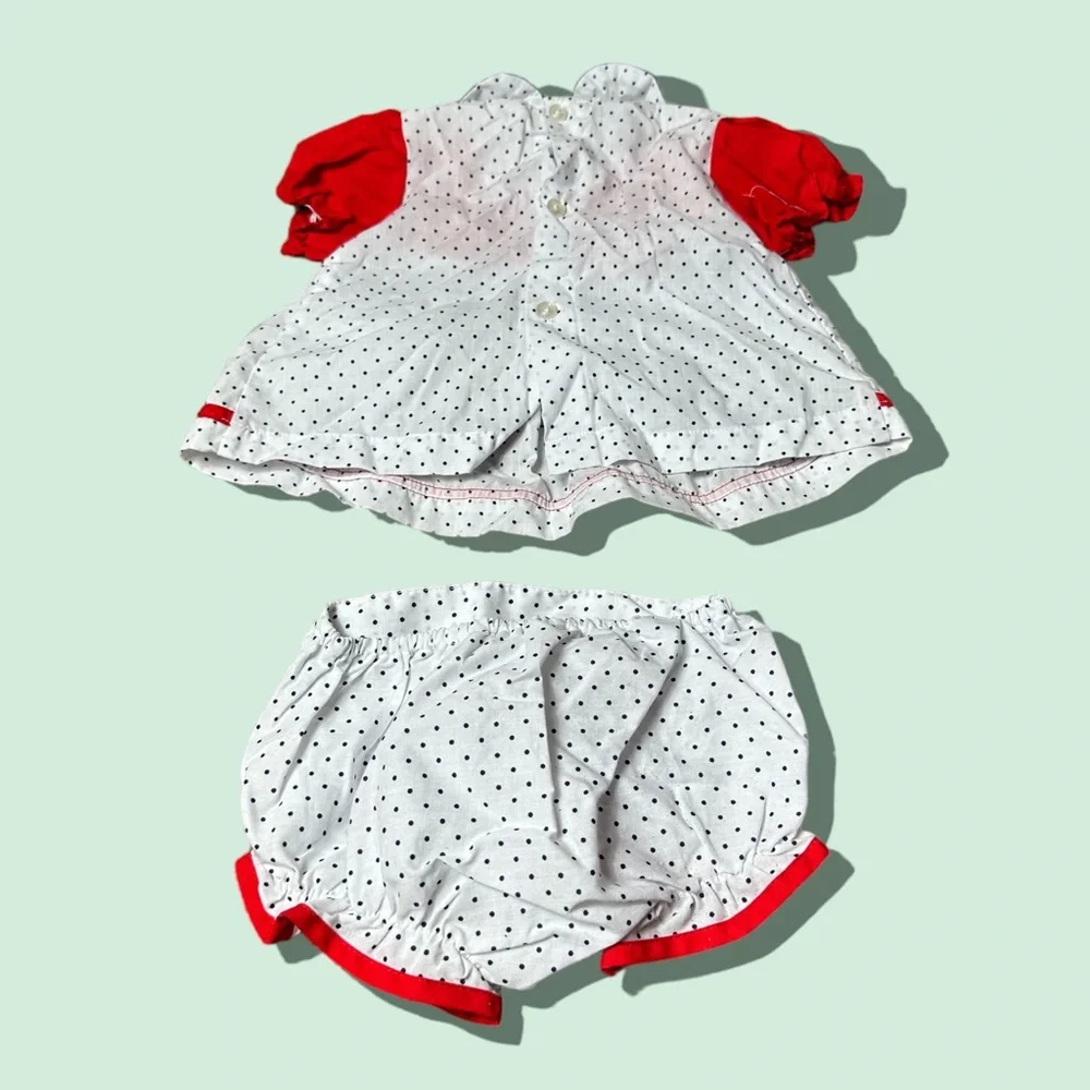 Vintage Baby Cotton Candy Red White Blue Two Piece Set Polka Dot Rose Detail